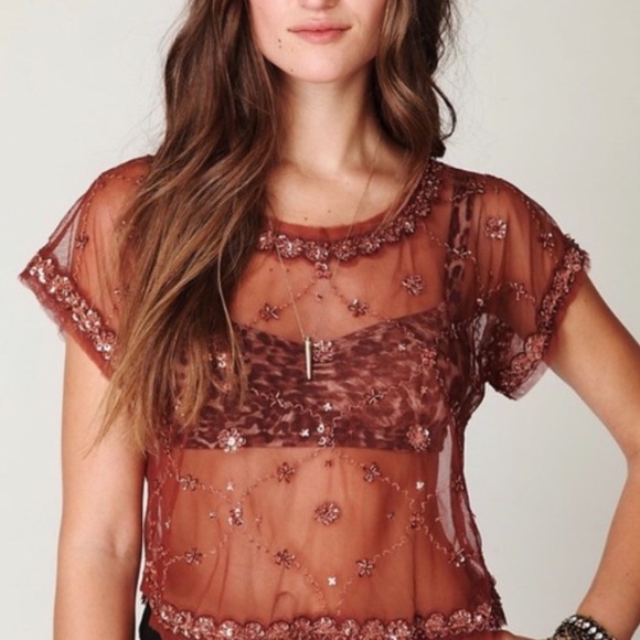 Free People Tops - Free People Embellished Mesh Crop Top :: XS
